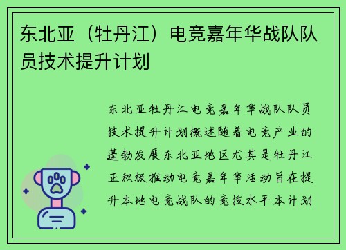 东北亚（牡丹江）电竞嘉年华战队队员技术提升计划
