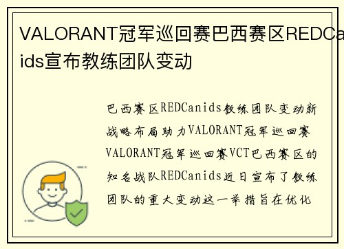 VALORANT冠军巡回赛巴西赛区REDCanids宣布教练团队变动