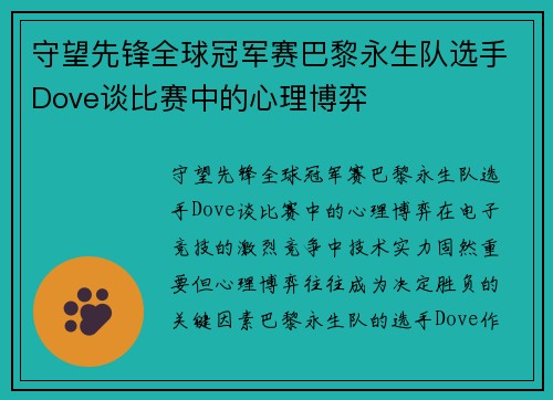 守望先锋全球冠军赛巴黎永生队选手Dove谈比赛中的心理博弈